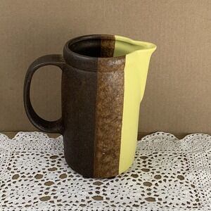 Vtg McCoy Lancaster Pitcher 1970s Yellow Brown Stripes Stoneware 7" T x 3.5" D